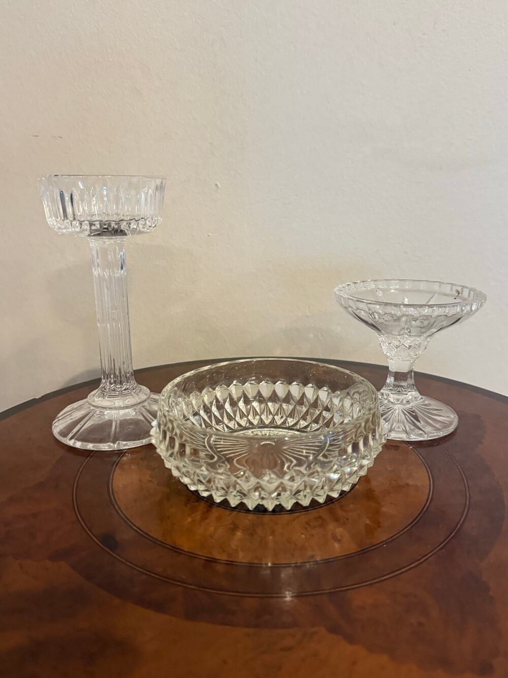 Vintage Crystal Candlestick Holders & Diamond Point Dish Lot Table Decor Set